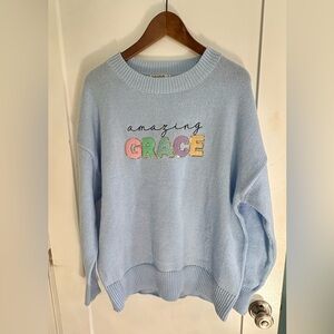 Love In Faith Christian Blue “Amazing Grace” Sweater Sequin Large